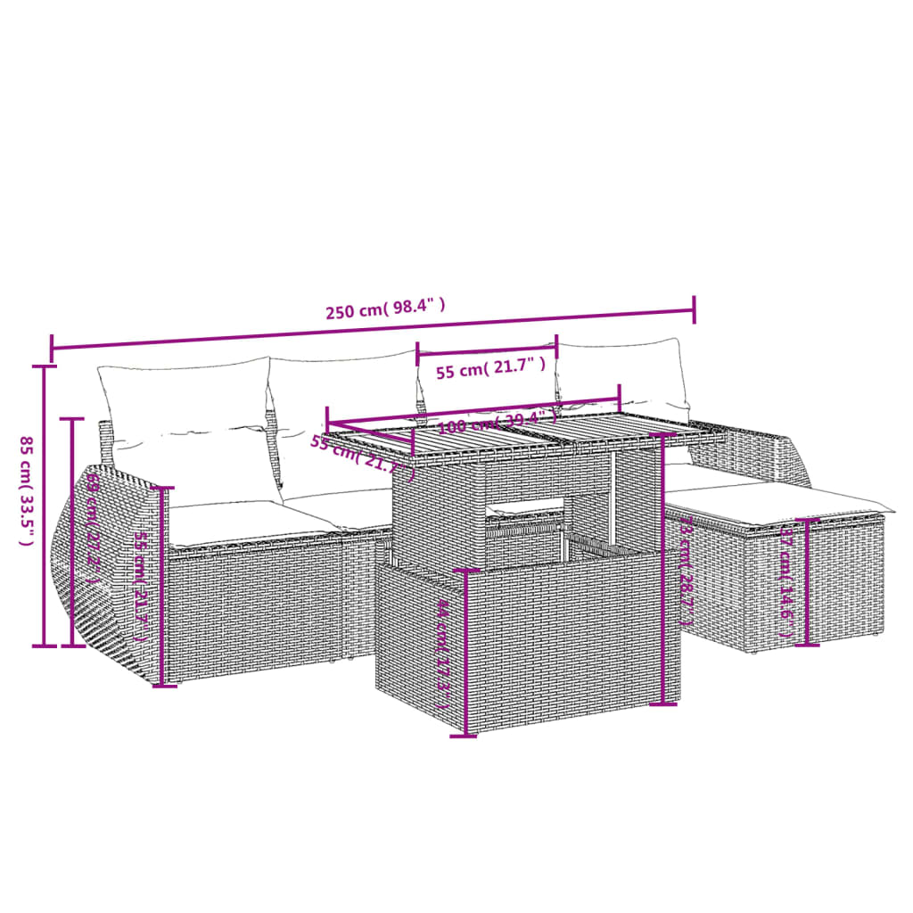 vidaXL 6 pcs conjunto sofás de jardim c/ almofadões vime PE preto