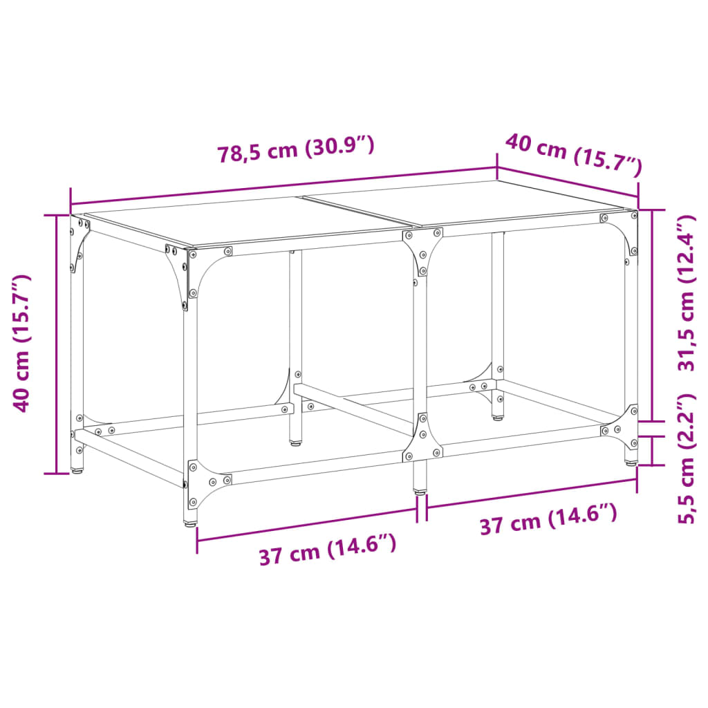 vidaXL Mesa de centro c/ topo em vidro transparente 78,5x40x40 cm aço