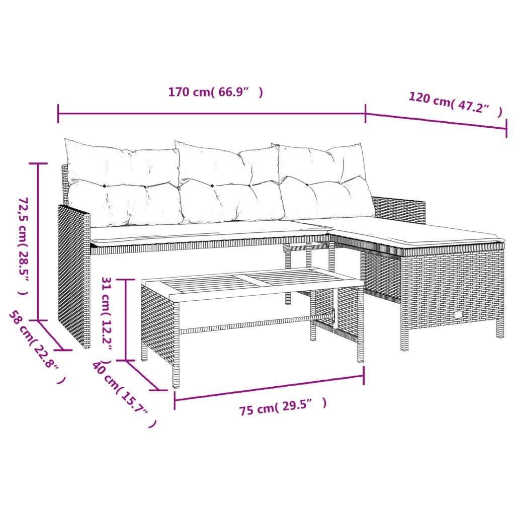 vidaXL Sofá de jardim forma de L c/ mesa e almofadões vime PE cinzento