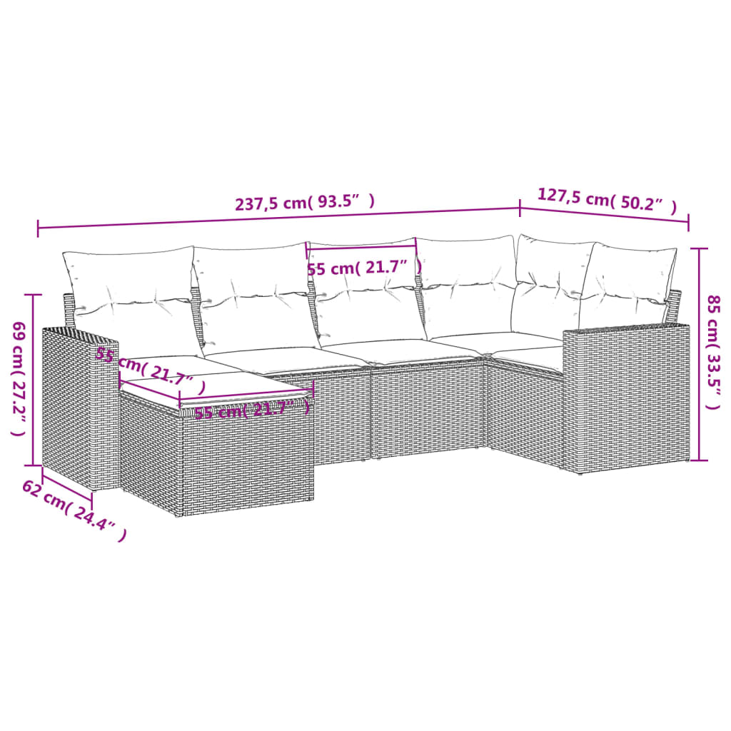 vidaXL 6 pcs conjunto de sofás jardim c/ almofadões vime PE castanho