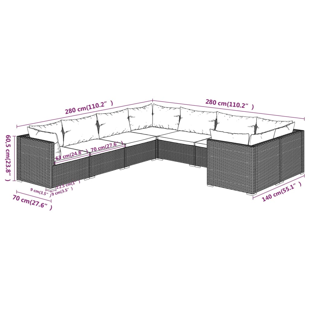 vidaXL 8 pcs conjunto lounge jardim c/ almofadões vime PE castanho