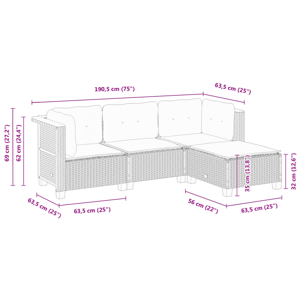 vidaXL 4 pcs conjunto sofás de jardim c/ almofadões vime PE cinzento