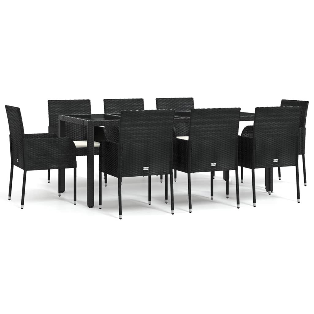 vidaXL 9 pcs conjunto de jantar p/ jardim c/ almofadões vime PE preto