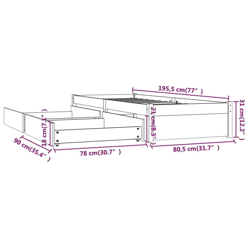 vidaXL Estrutura cama de solteiro pequena c/ gavetas 75x190 cm branco