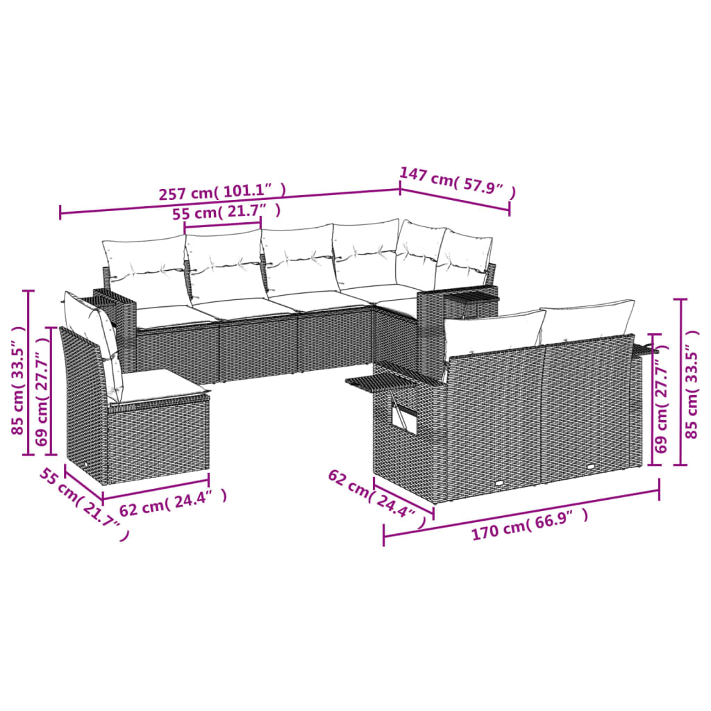 vidaXL 8 pcs conjunto sofás de jardim c/ almofadões vime PE cinzento