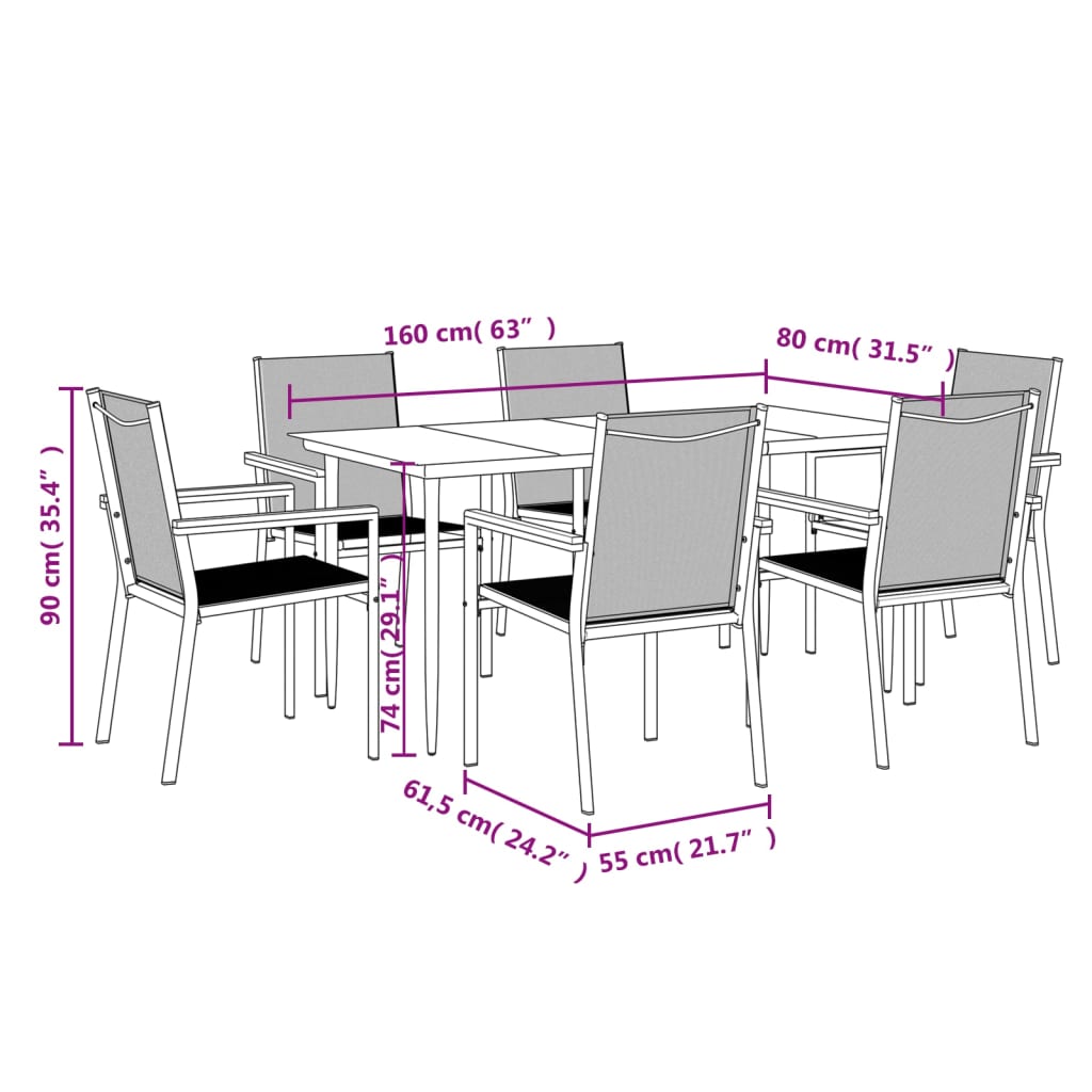 vidaXL 7 pcs conjunto de jantar para jardim textilene e aço preto