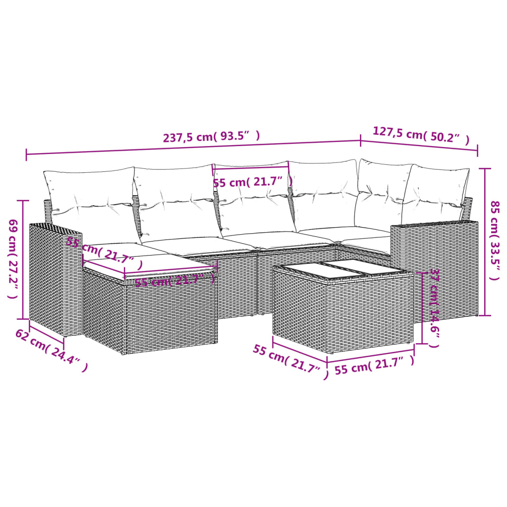 vidaXL 7 pcs conjunto de sofás p/ jardim c/ almofadões vime PE preto