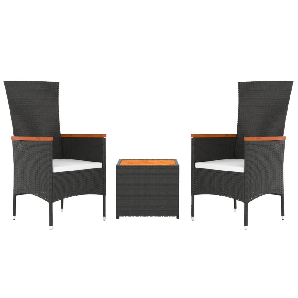 vidaXL 3 pcs conjunto lounge para jardim vime PE/acácia maciça preto