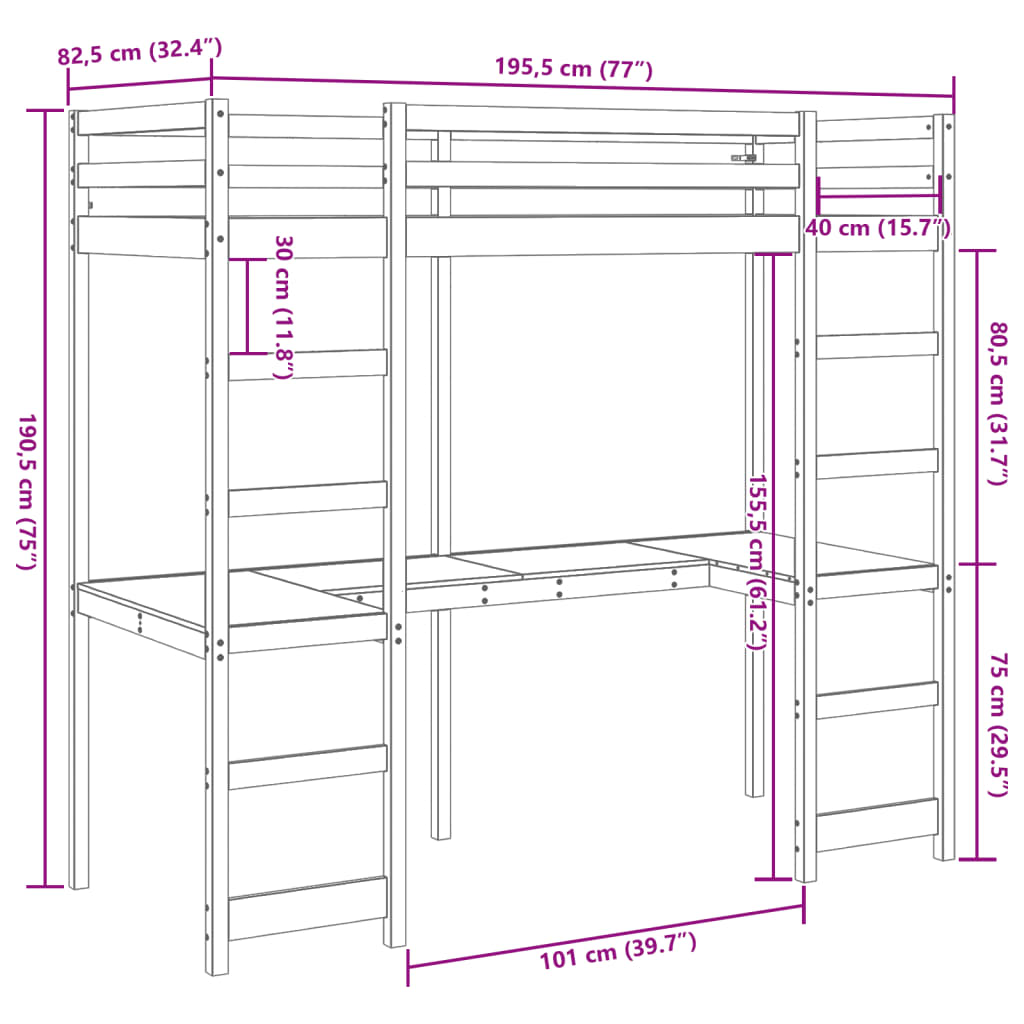 vidaXL Cama alta sem colchão 75x190 cm pinho maciço