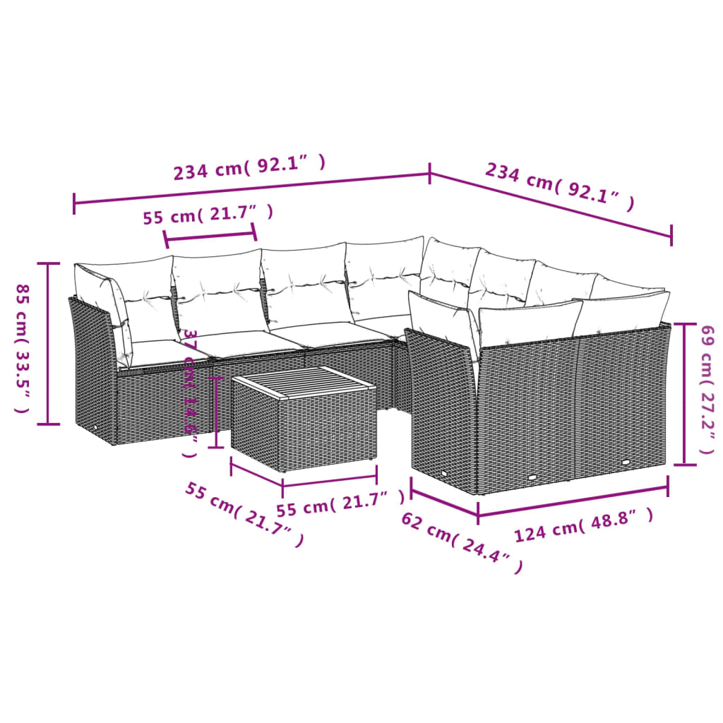 vidaXL 9 pcs conjunto de sofás p/ jardim c/ almofadões vime PE preto