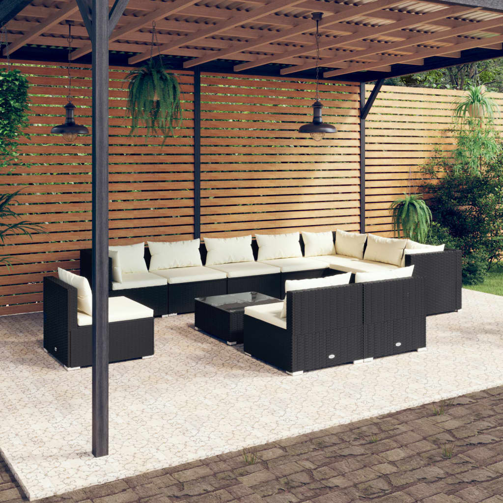 vidaXL 11 pcs conjunto lounge de jardim c/ almofadões vime PE preto