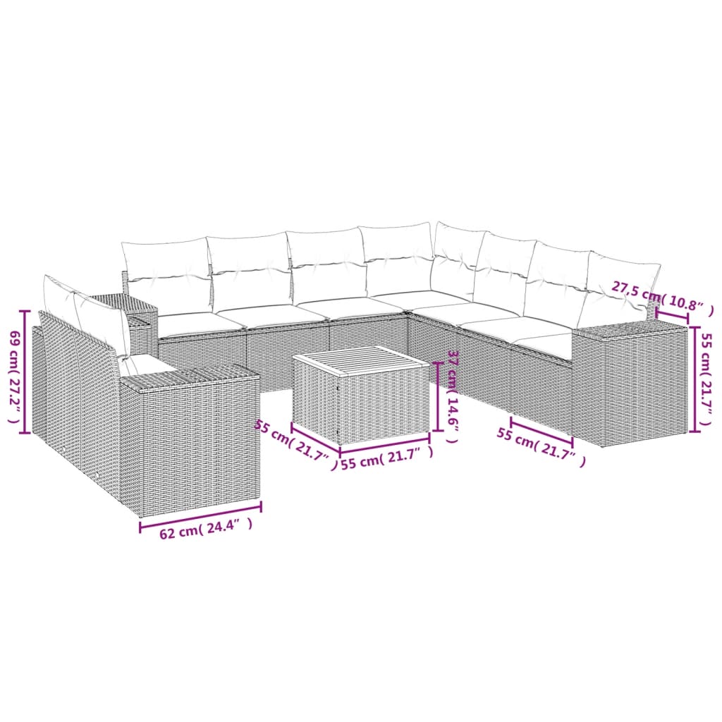 vidaXL 10 pcs conjunto sofás de jardim c/ almofadões vime PE cinzento