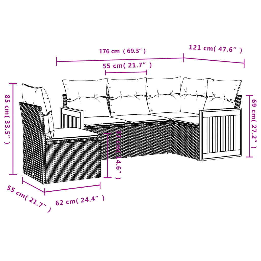 vidaXL 5 pcs conjunto sofás de jardim c/ almofadões vime PE cinzento