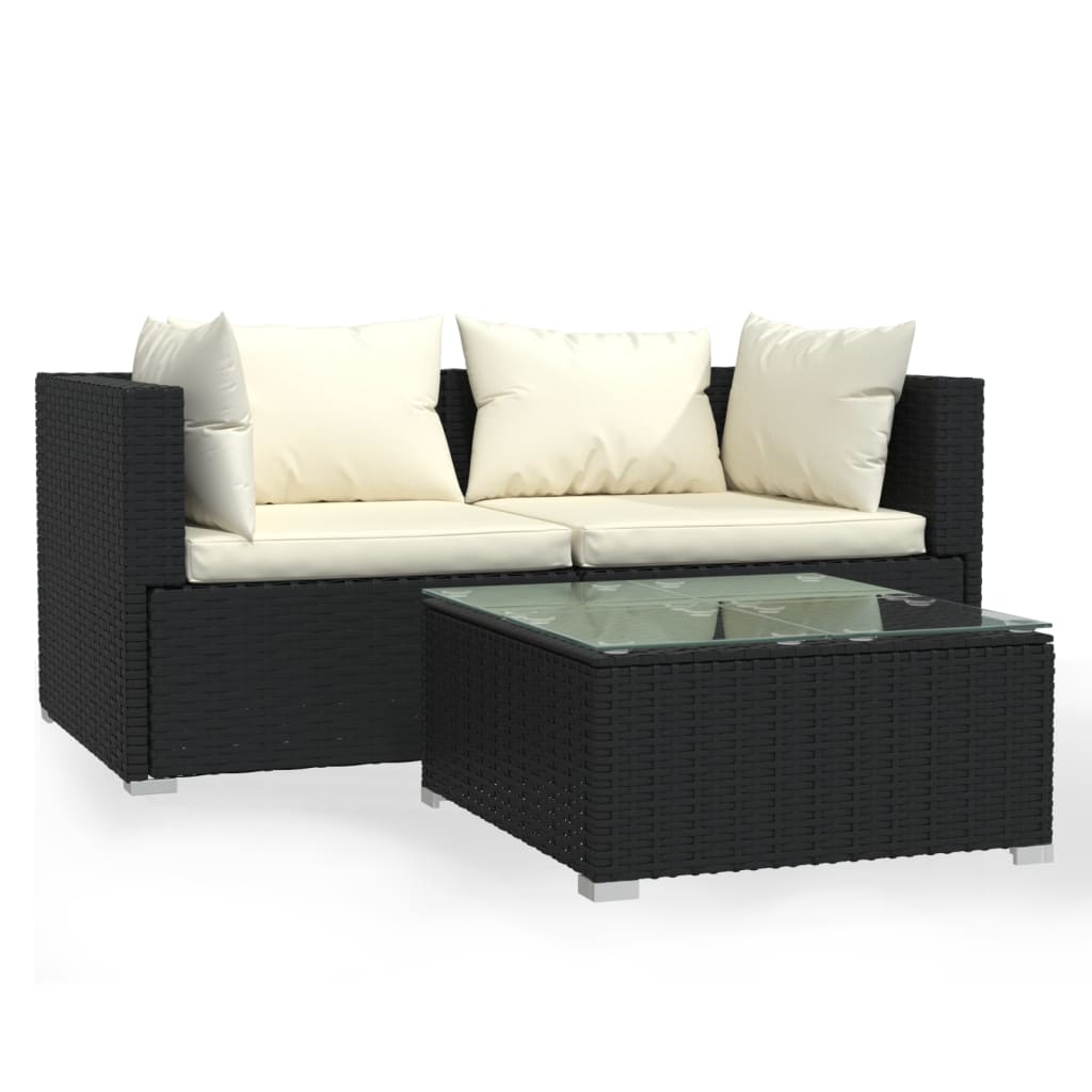 vidaXL 3 pcs conjunto lounge de jardim c/ almofadões vime PE preto