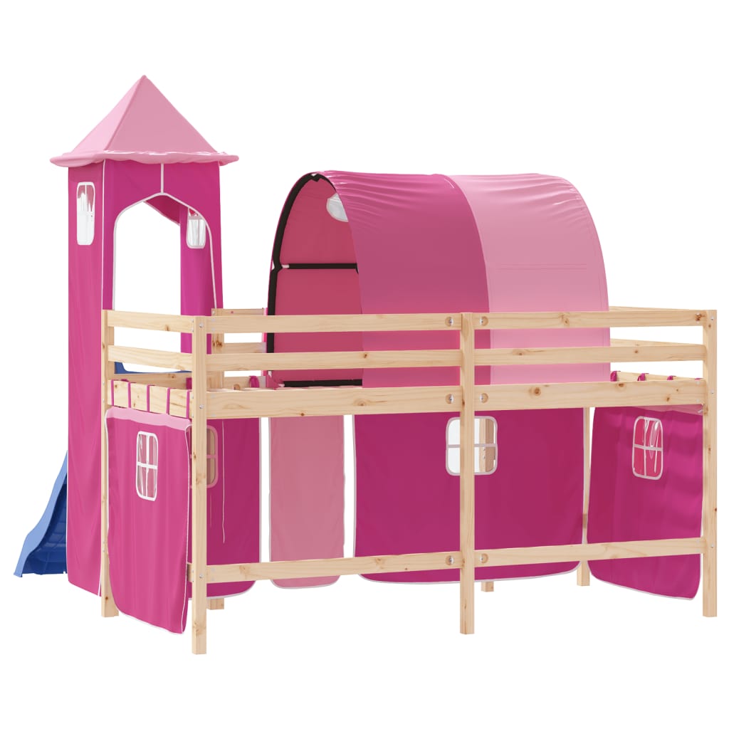 vidaXL Cama alta para criança com torre 90x200 cm pinho maciço rosa