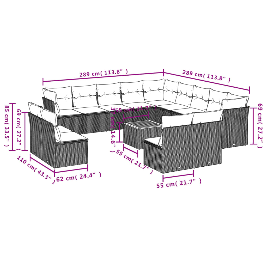 vidaXL 14 pcs conjunto de sofás p/ jardim c/ almofadões vime PE preto