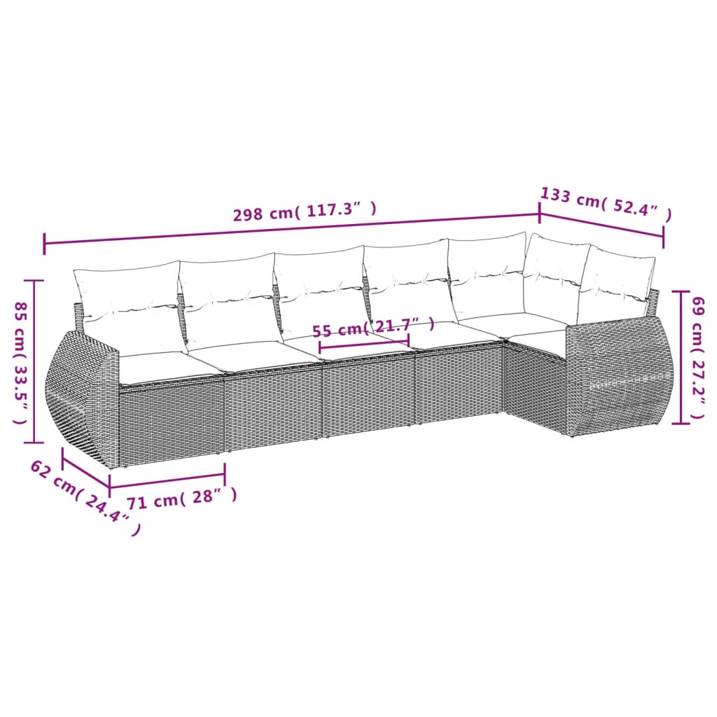 vidaXL 6 pcs conjunto sofás de jardim com almofadões vime cinzento