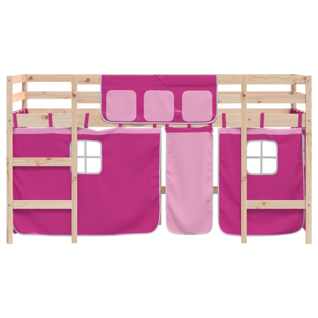 vidaXL Cama alta p/ criança c/ cortinas 90x200 cm pinho maciço rosa