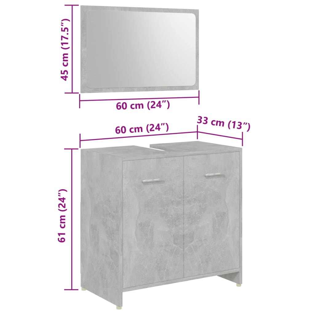 vidaXL 4 pcs conj. móveis casa banho derivados madeira cinza cimento