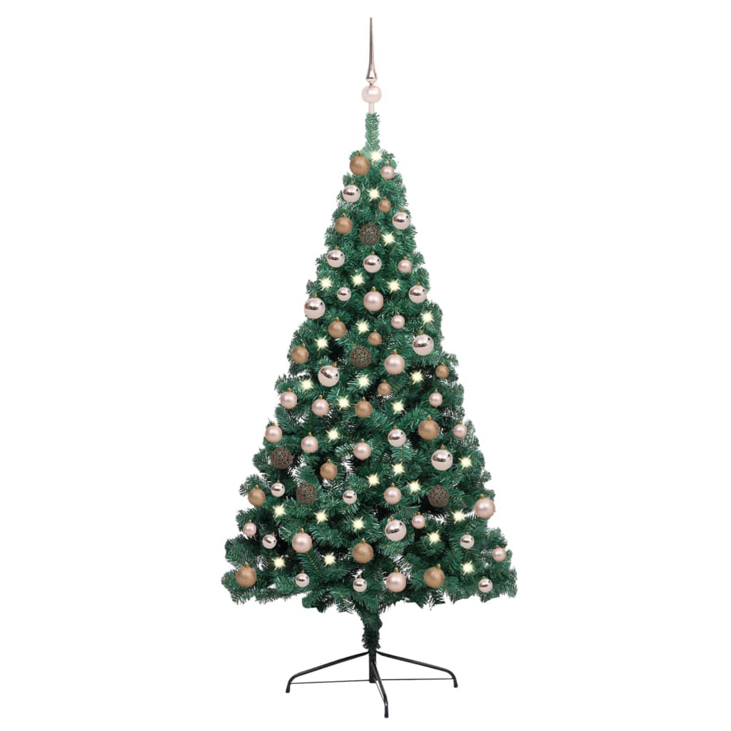 vidaXL Meia árvore Natal artificial pré-iluminada c/ bolas verde