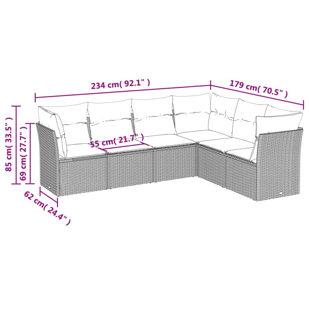 vidaXL 6 pcs conjunto de sofás jardim c/ almofadões vime PE castanho