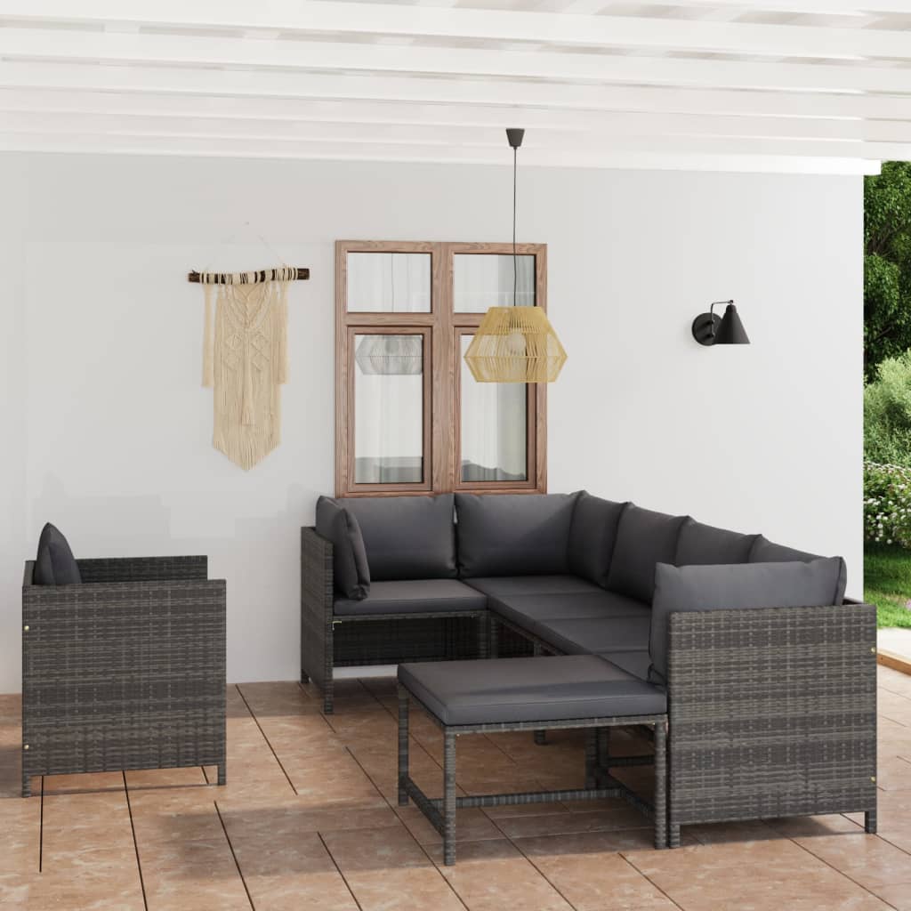 vidaXL 7 pcs conjunto lounge de jardim c/ almofadões vime PE cinzento