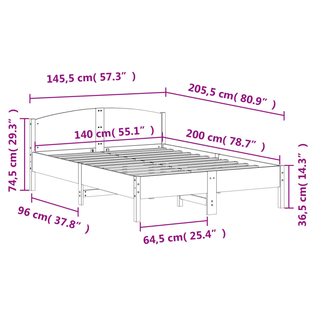 vidaXL Cama sem colchão 140x200 cm madeira de pinho maciça branco