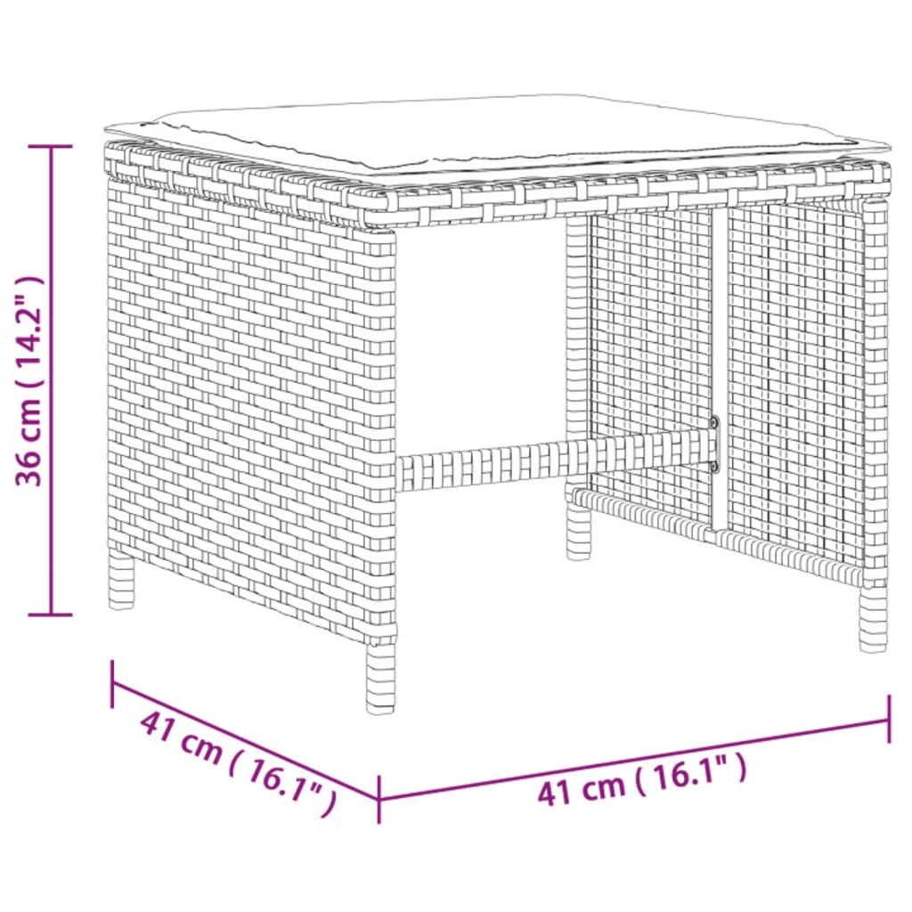 vidaXL Bancos jardim com almofadões 4 pcs 41x41x36 cm vime PE cinzento