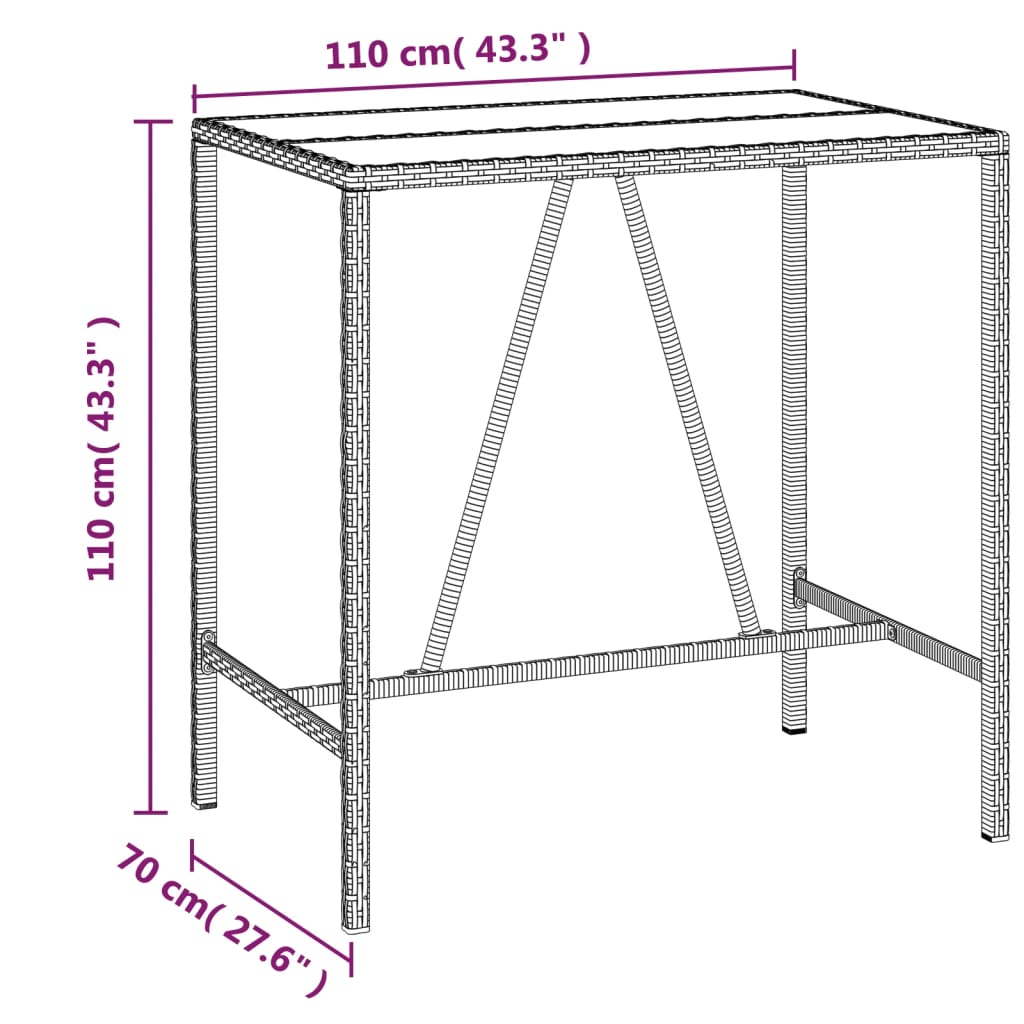 vidaXL 7 pcs conjunto de bar p/ jardim c/ almofadões vime PE castanho