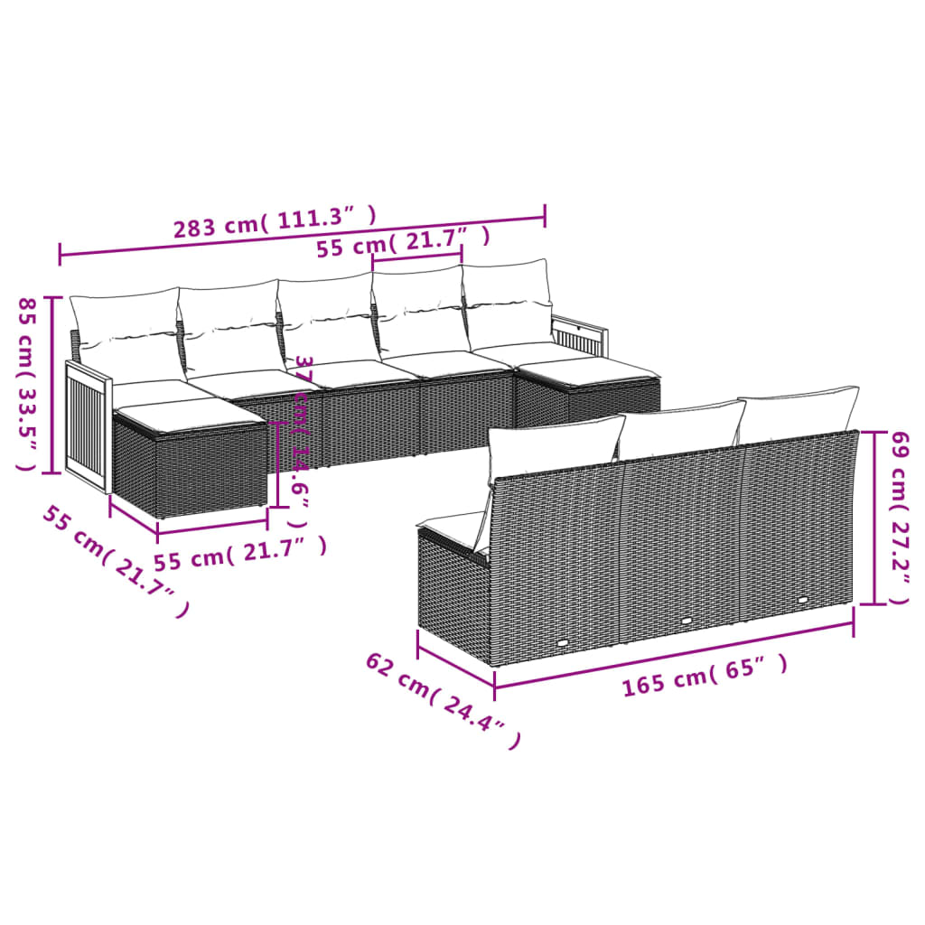 vidaXL 10 pcs conjunto de sofás p/ jardim com almofadões vime PE bege