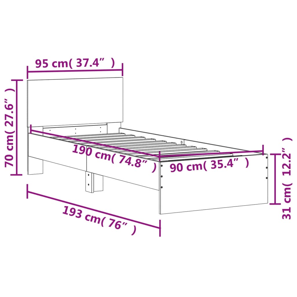 vidaXL Estrutura de cama c/ cabeceira 90x190 cm deriv. madeira branco