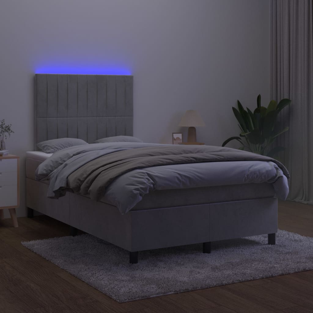 vidaXL Cama box spring c/ colchão/LED 120x200 cm veludo cinzento-claro