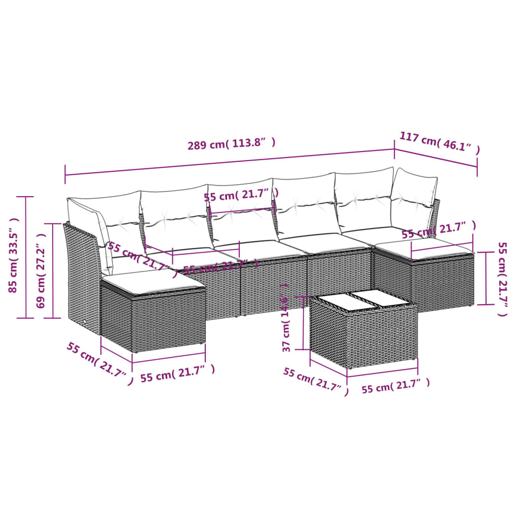 vidaXL 8 pcs conjunto sofás de jardim com almofadões vime PE preto