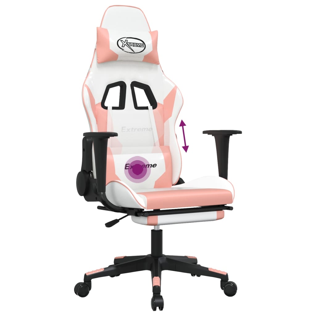 vidaXL Cadeira gaming massagens c/ apoio pés couro artif. branco/rosa