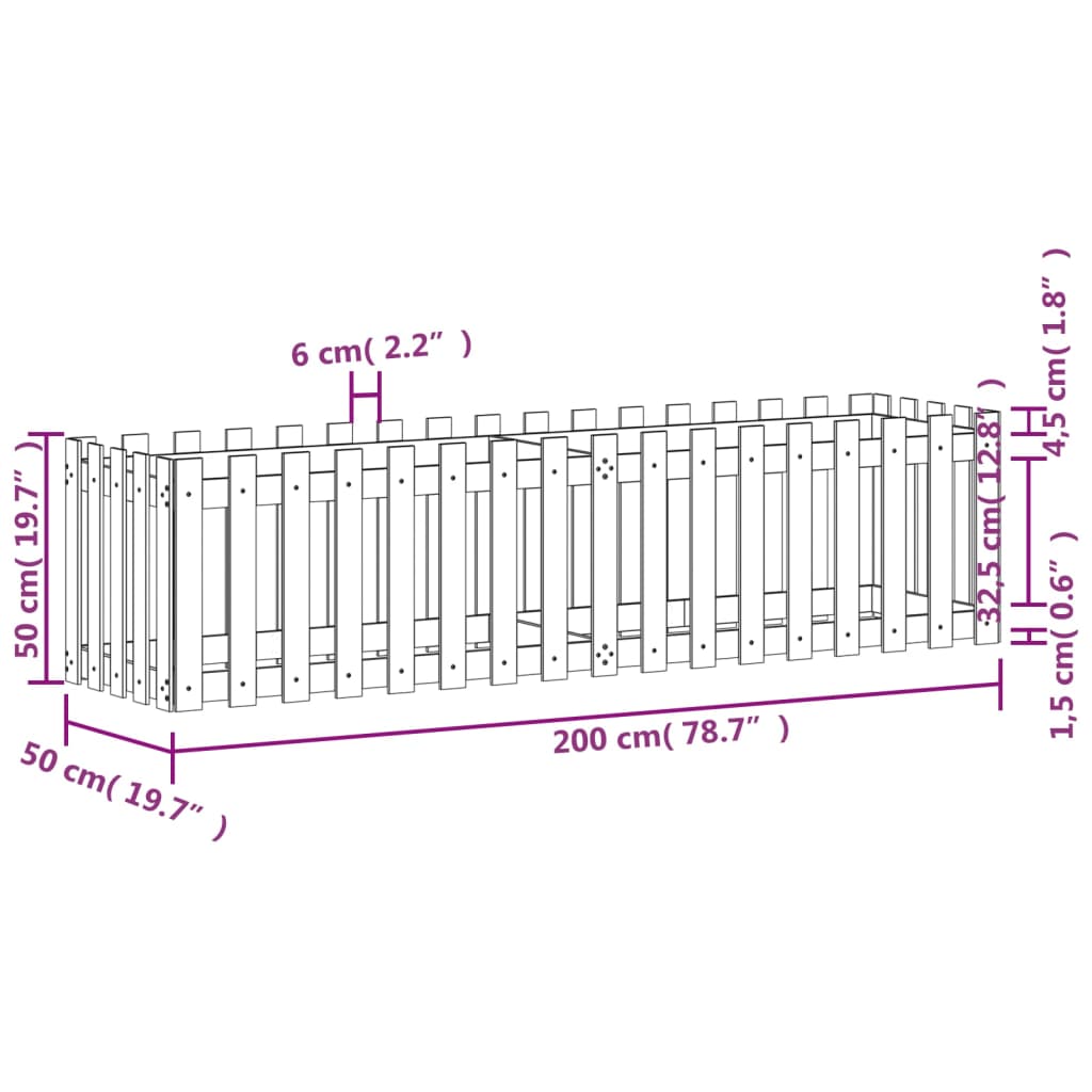 vidaXL Canteiro elevado design cerca 200x50x50 cm pinho maciço branco