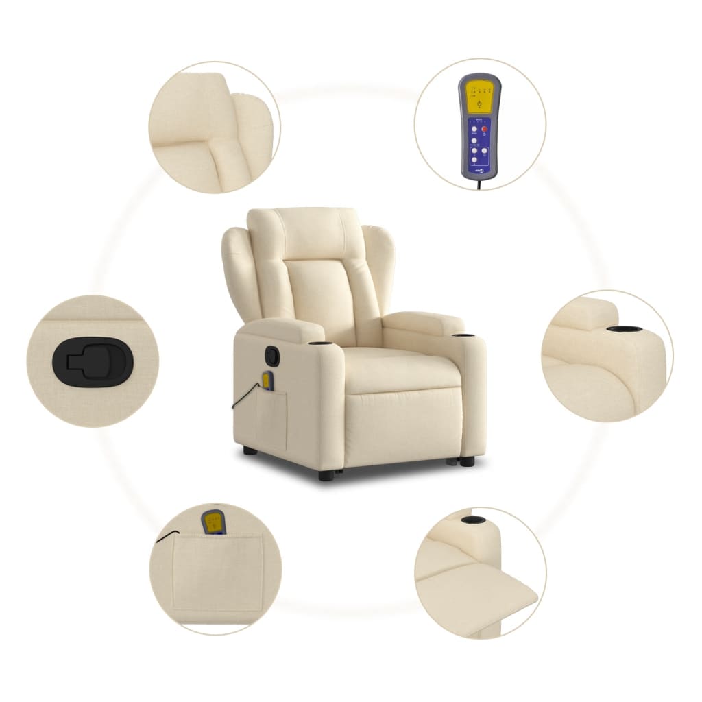 vidaXL Poltrona elevatória de massagens tecido cor creme