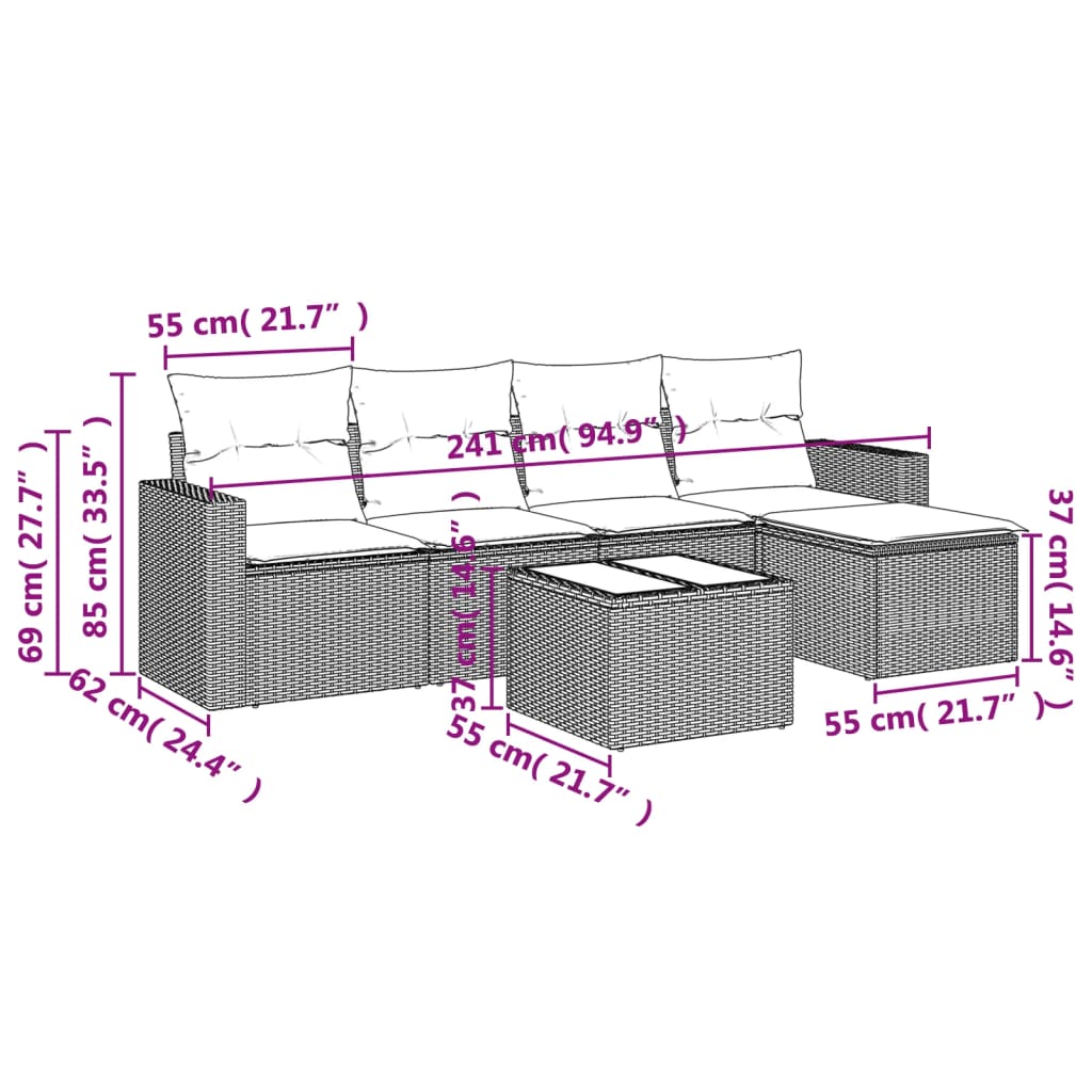 vidaXL 6 pcs conjunto sofás de jardim c/ almofadões vime PE preto