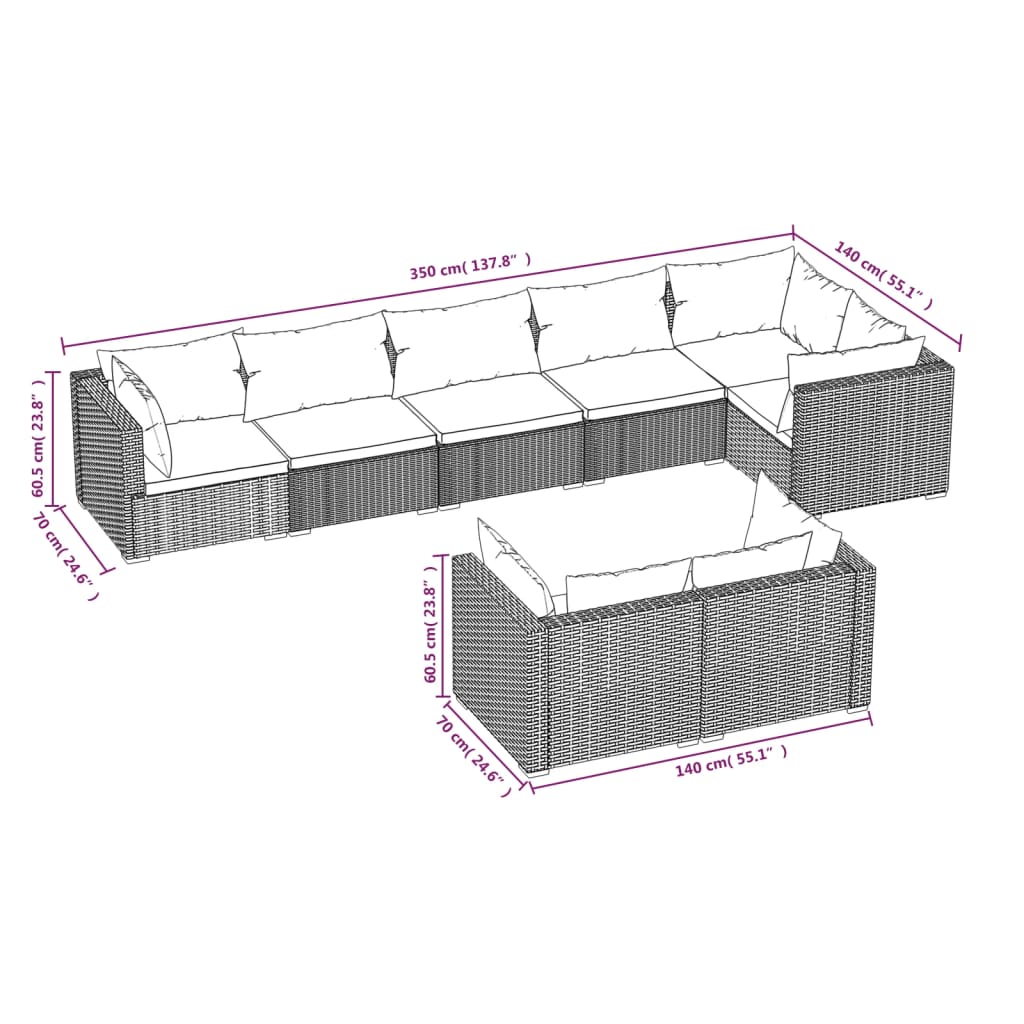 vidaXL 8 pcs conjunto lounge jardim c/ almofadões vime PE castanho