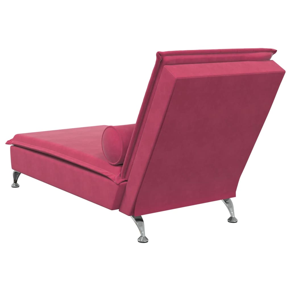 vidaXL Chaise lounge de massagem com rolo veludo vermelho tinto