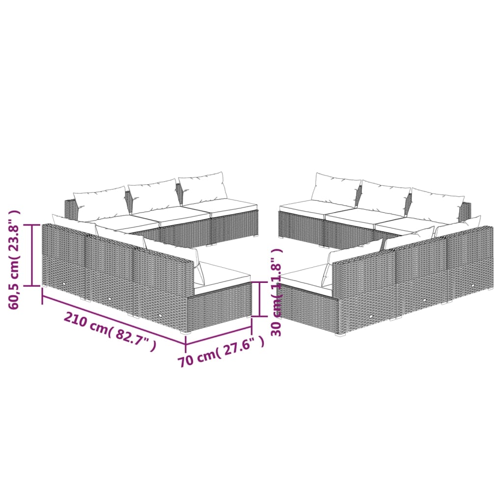 vidaXL 12 pcs conjunto lounge de jardim c/ almofadões vime PE preto