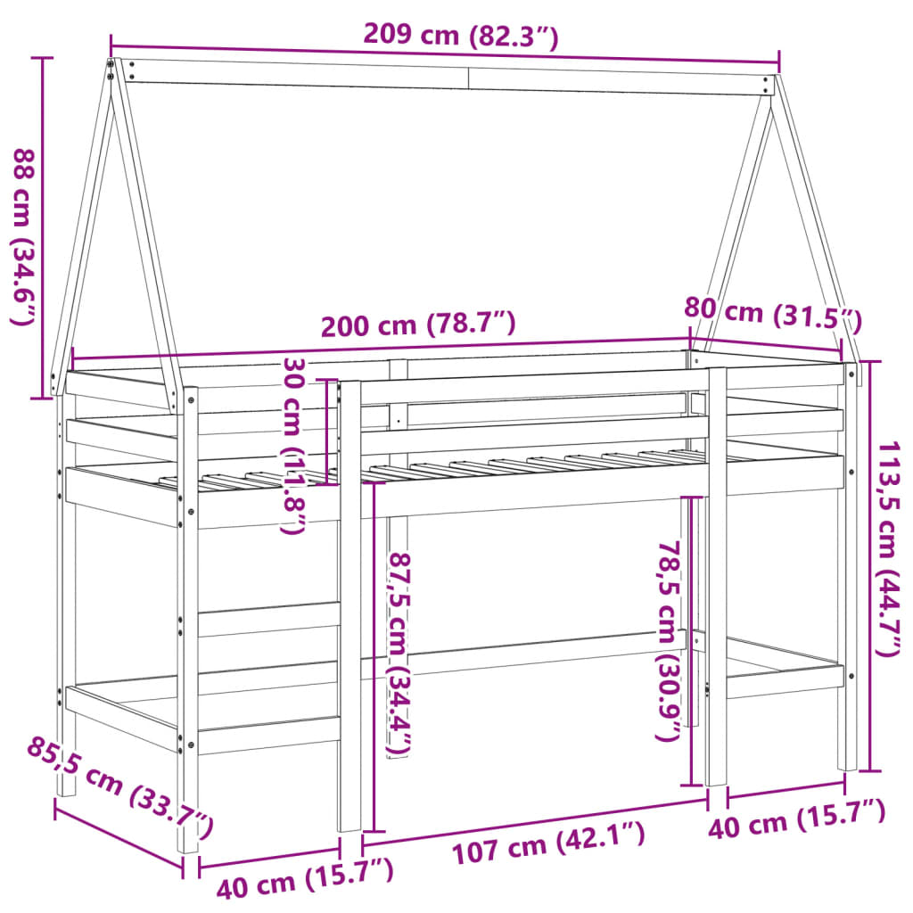 vidaXL Cama alta c/ escada e telhado 80x200 cm pinho maciço