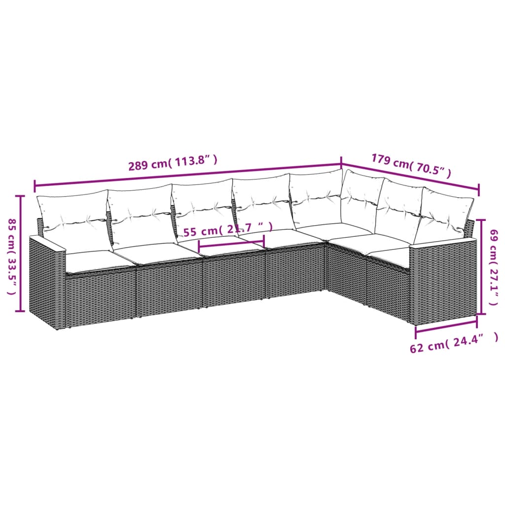 vidaXL 7 pcs conj. sofás jardim c/ almofadões vime PE bege misturado