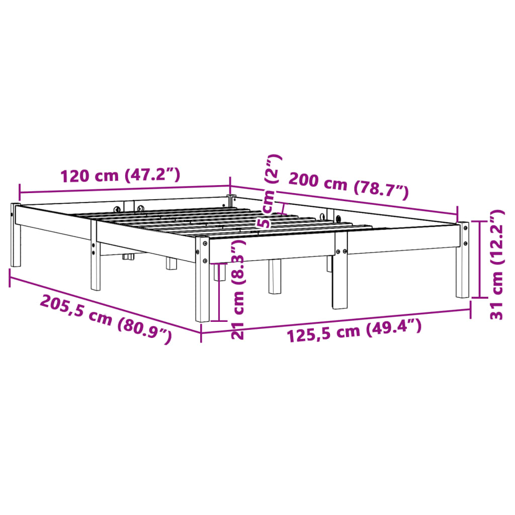 vidaXL Cama sem colchão 120x200 cm madeira pinho maciça castanho-mel