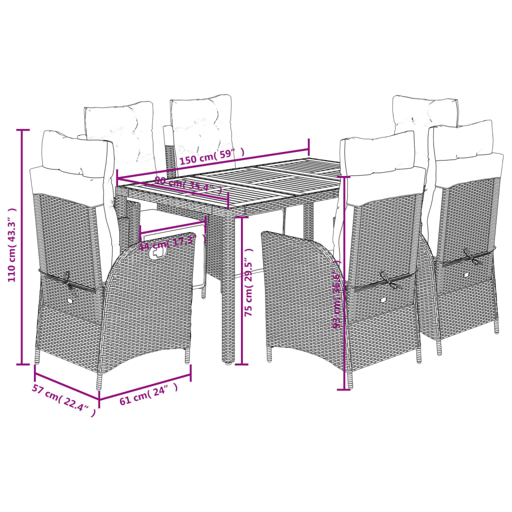 vidaXL 7 pcs conjunto de jantar p/ jardim c/ almofadões vime PE cinza