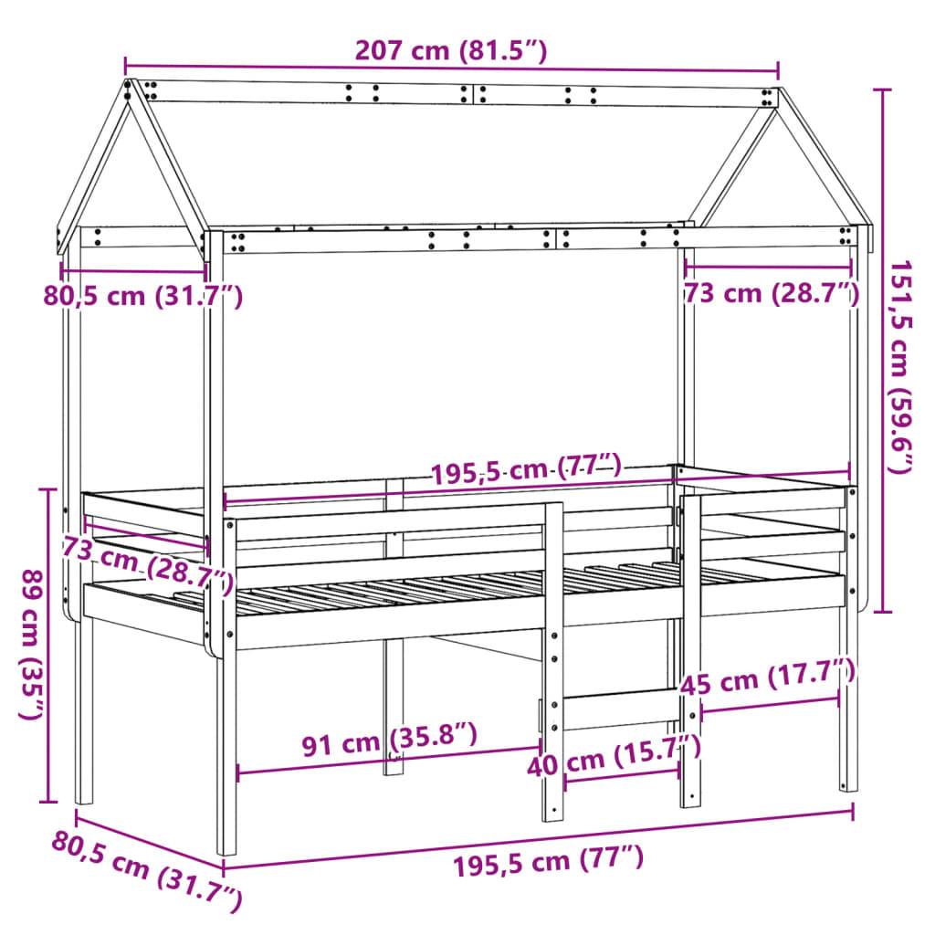 vidaXL Cama alta com telhado 75x190 cm pinho maciço