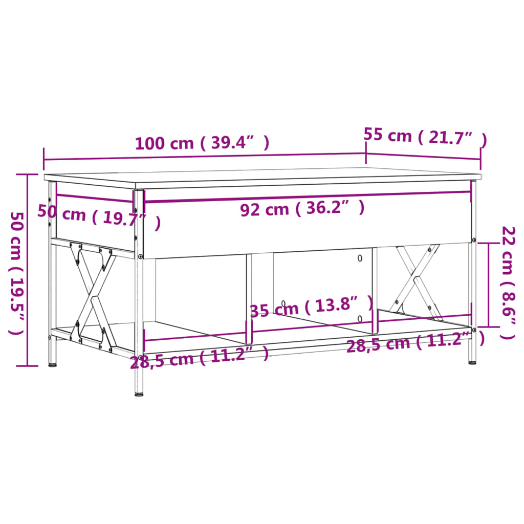 vidaXL Mesa de centro 100x55x50cm deriv. madeira/metal carvalho sonoma