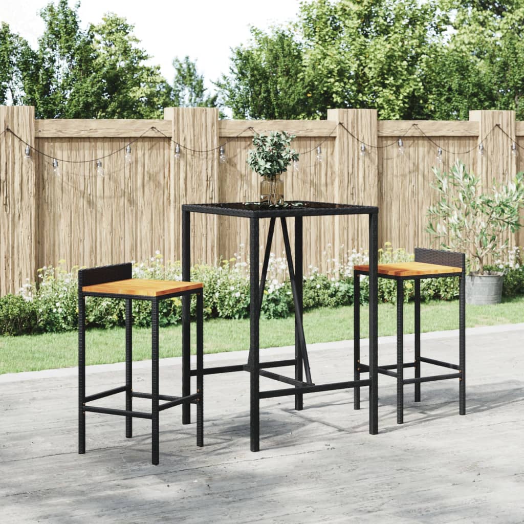 vidaXL 3 pcs conjunto de bar p/ jardim vime PE/acácia maciça preto