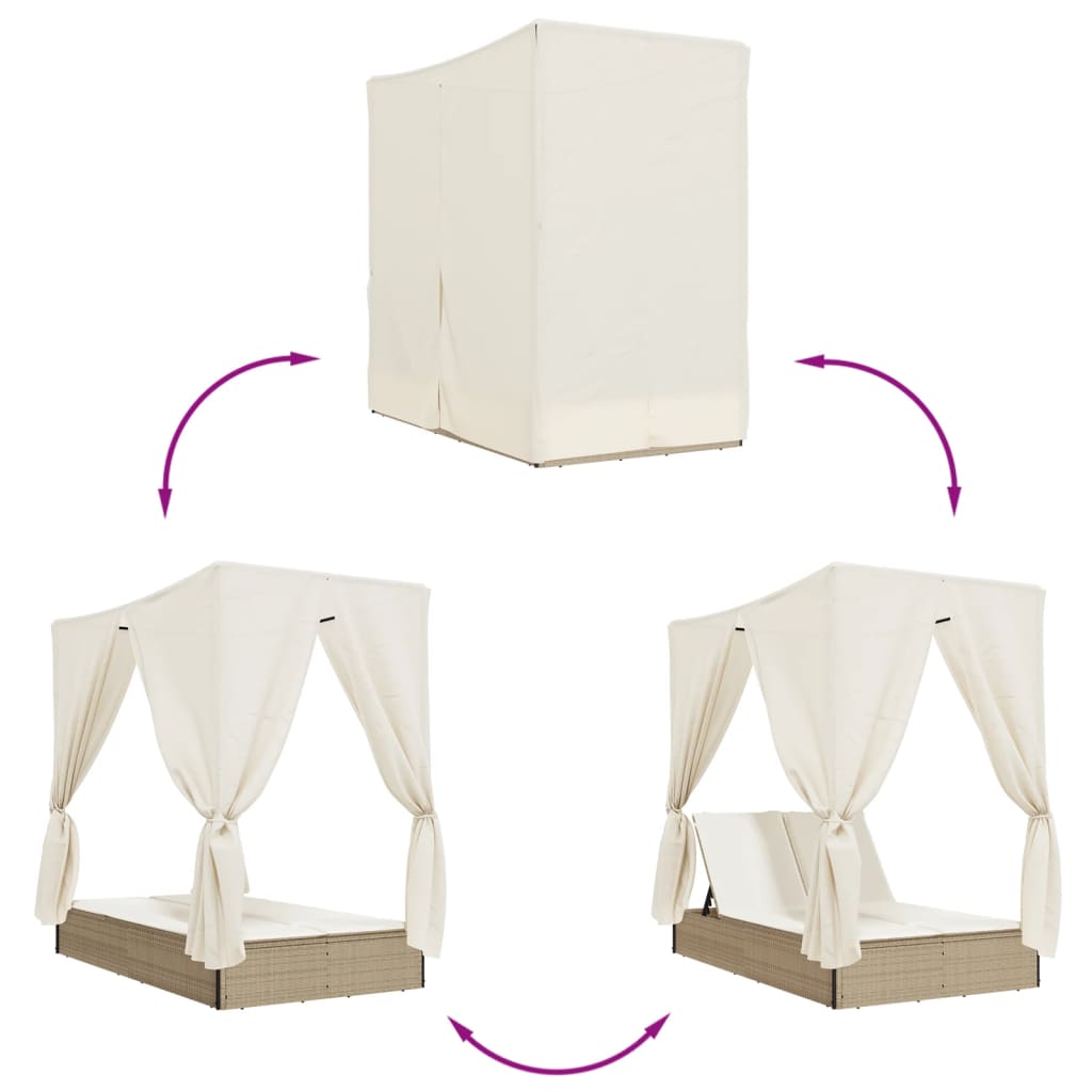 vidaXL Espreguiçadeira dupla com teto e cortinas vime PE bege