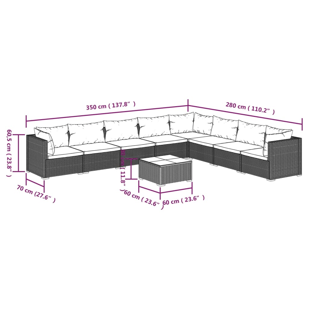 vidaXL 9 pcs conjunto lounge de jardim c/ almofadões vime PE castanho