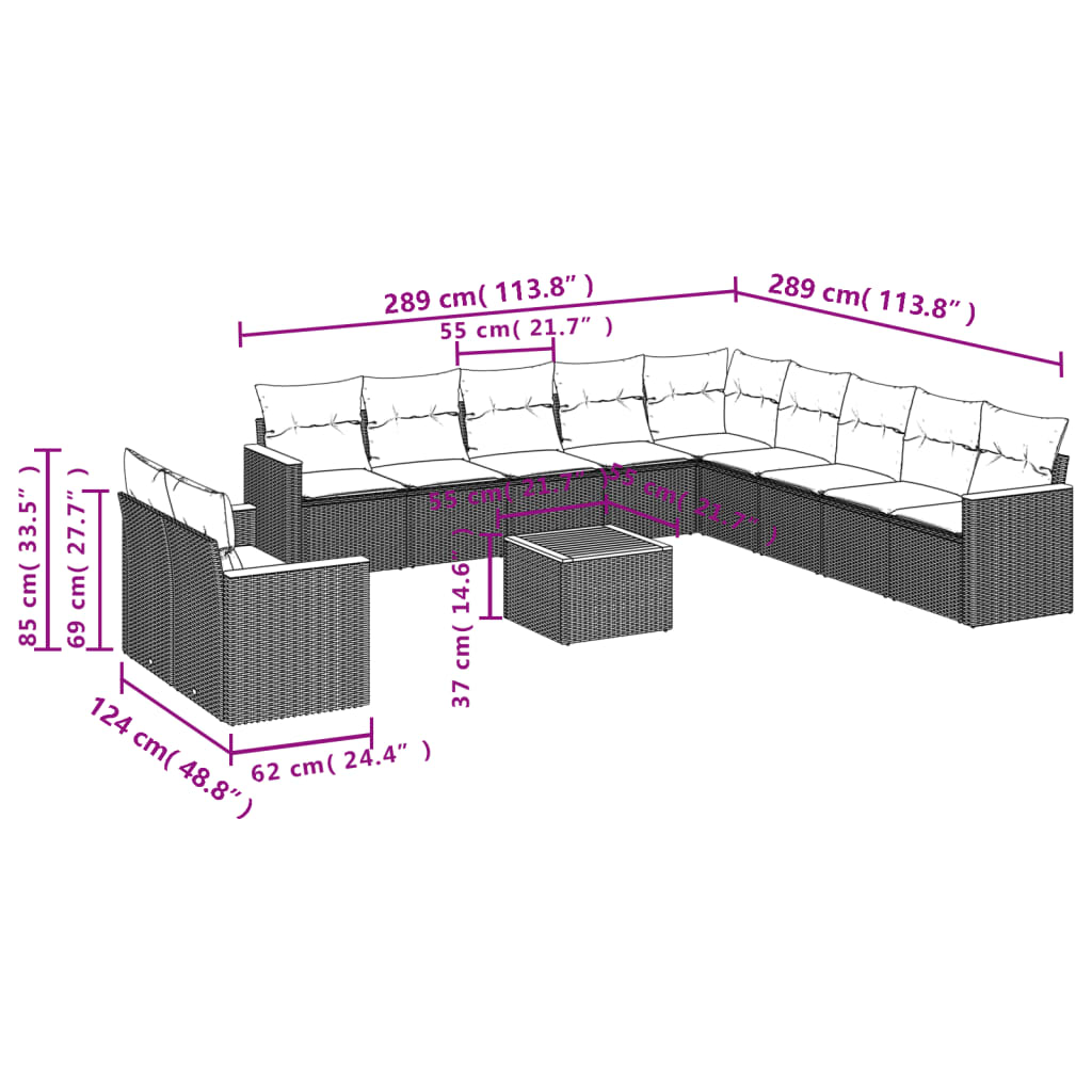 vidaXL 12 pcs conjunto de sofás de jardim c/ almofadões vime PE preto